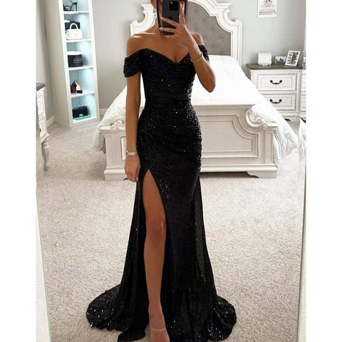 Party Sequins Off-neck Split Dress INS Casual Fashion Dress-Black-3
