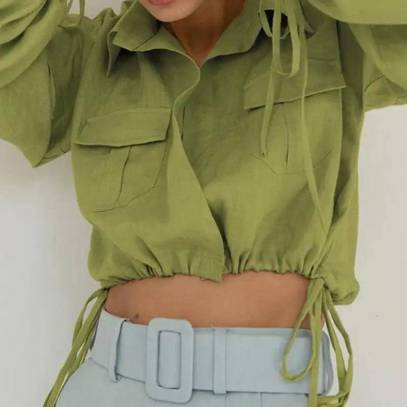 Pleated Waist Lantern Long-sleeved Lace Crop Top-Green-2
