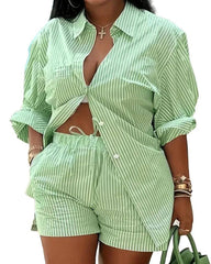 Plus Size 2Piece Outfit for Women Button Down Plaid Shirt-Green-4