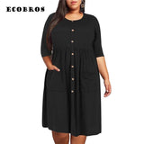 Plus-Size Black Casual Button Dress | Eco-Friendly Fashion-1