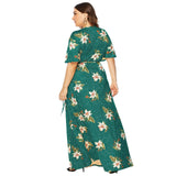 New 2021 summer plus size long dress for women large slim casual short sleeve flower print green V-neck dresses 3XL 4XL 5XL 6XL-4