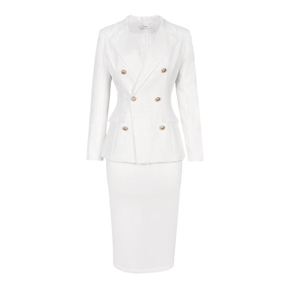 Plus Size Lapel Long Sleeve Button Slim Top Suit High Waist-White-2