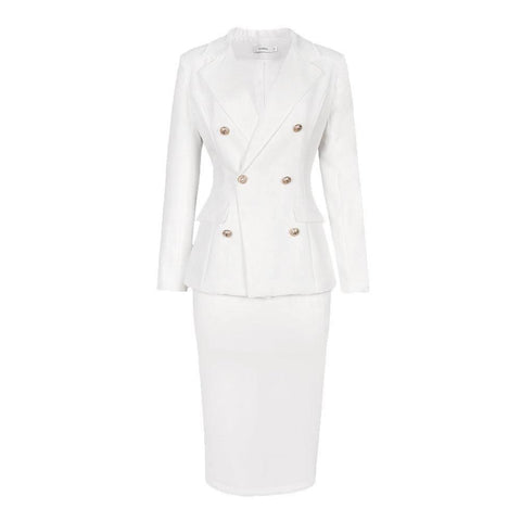 Plus Size Lapel Long Sleeve Button Slim Top Suit High Waist-White-2