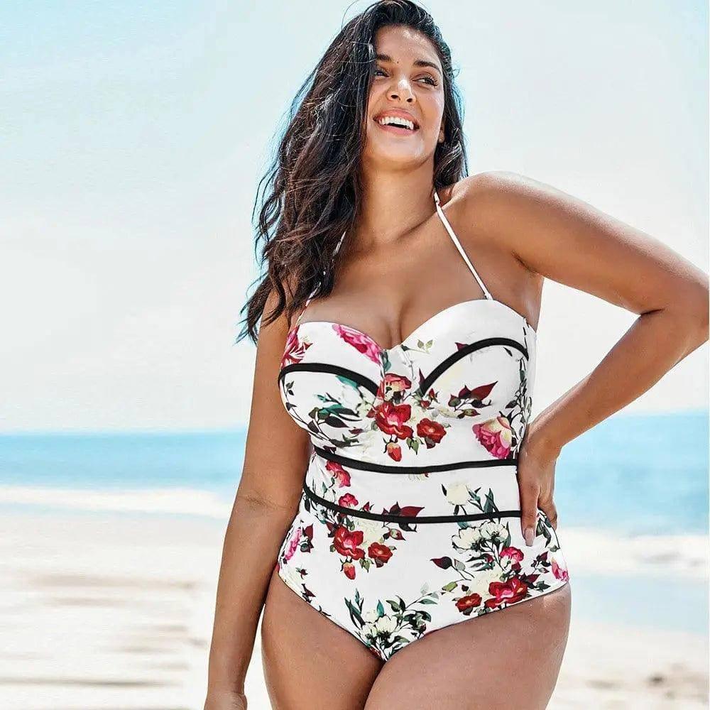 Plus size one-piece printed ladies sexy swimsuit-White-1