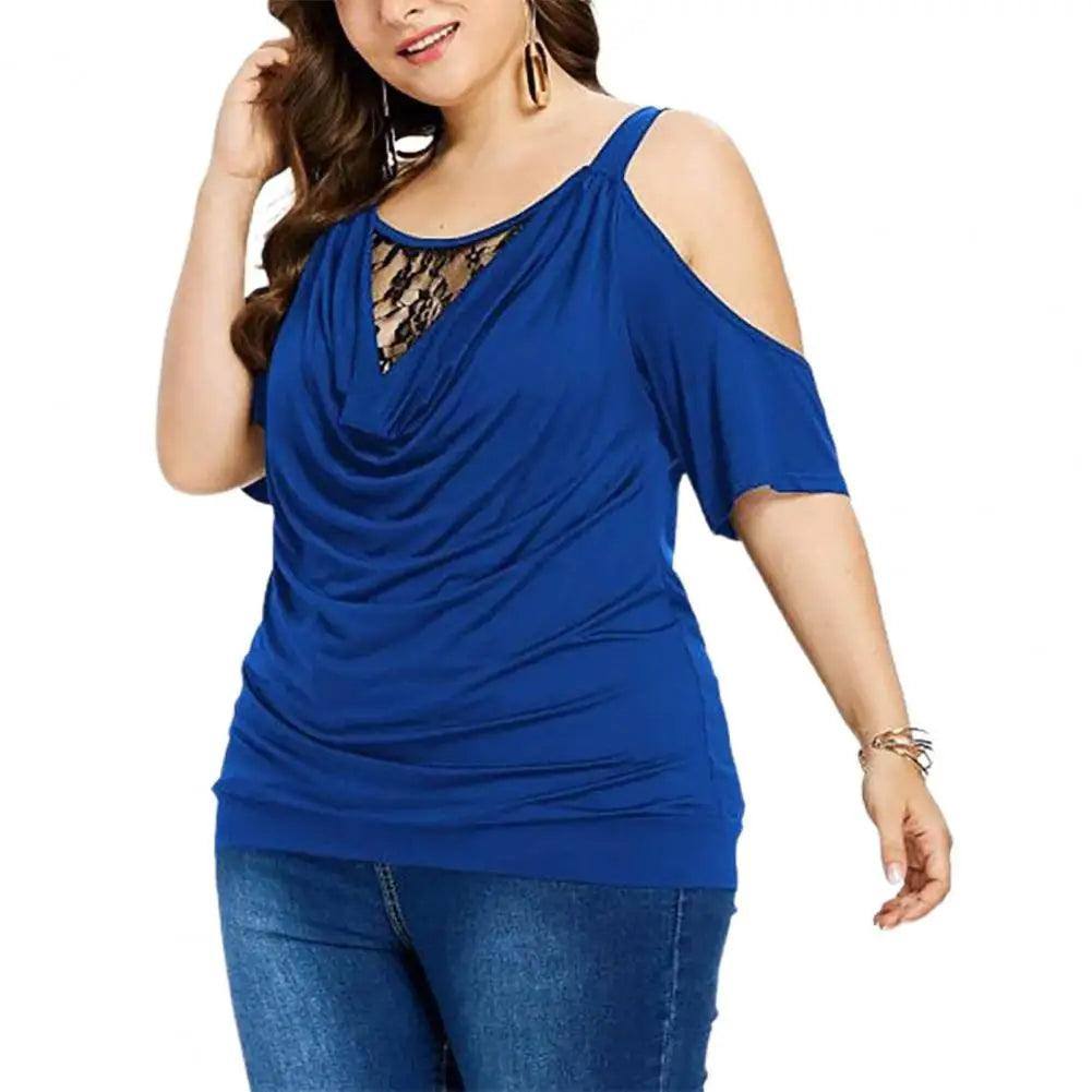 Plus Size Summer Women Blouse Lace Short Sleeves Hollow Out-Blue-1