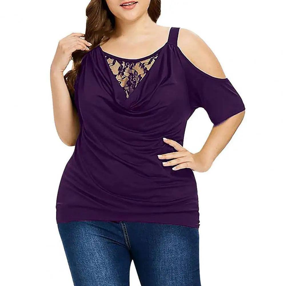 Plus Size Summer Women Blouse Lace Short Sleeves Hollow Out-Purple-5