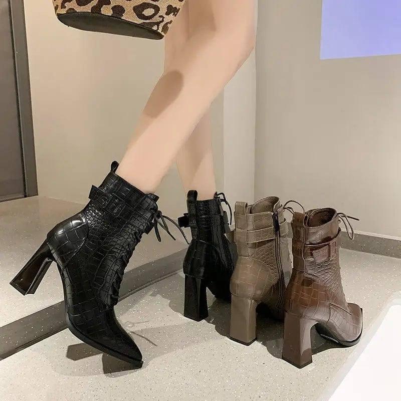 Pointed-toe Boots Winter Alligator Pattern Lace-up Shoes-2