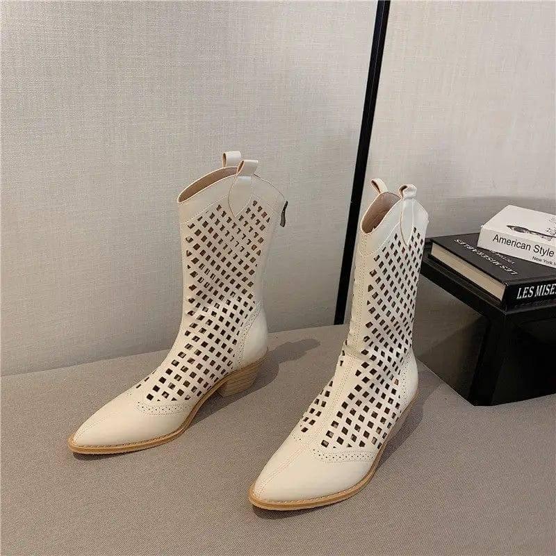 Pointed Western Cowboy Boots Women Thin Hollow Knight Thick-Beige-3