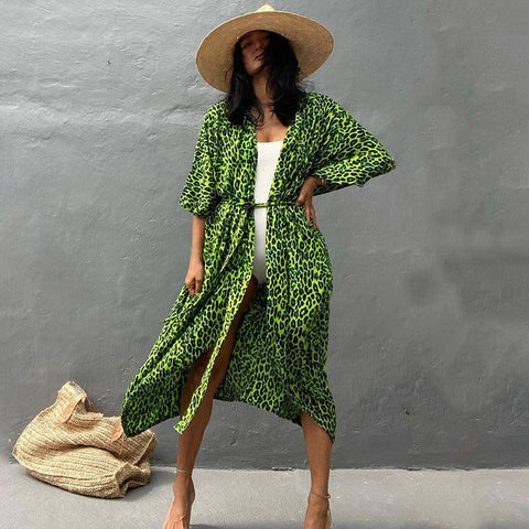 Polyester Ladies Sun Protection Resort Beach Dress Cover Up-Green Leopard Point-11