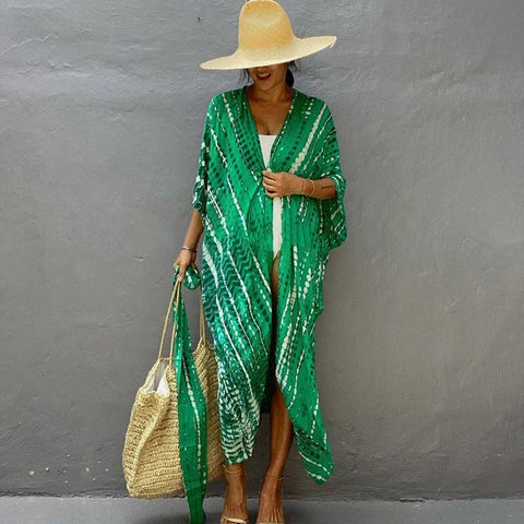Polyester Ladies Sun Protection Resort Beach Dress Cover Up-Green-23