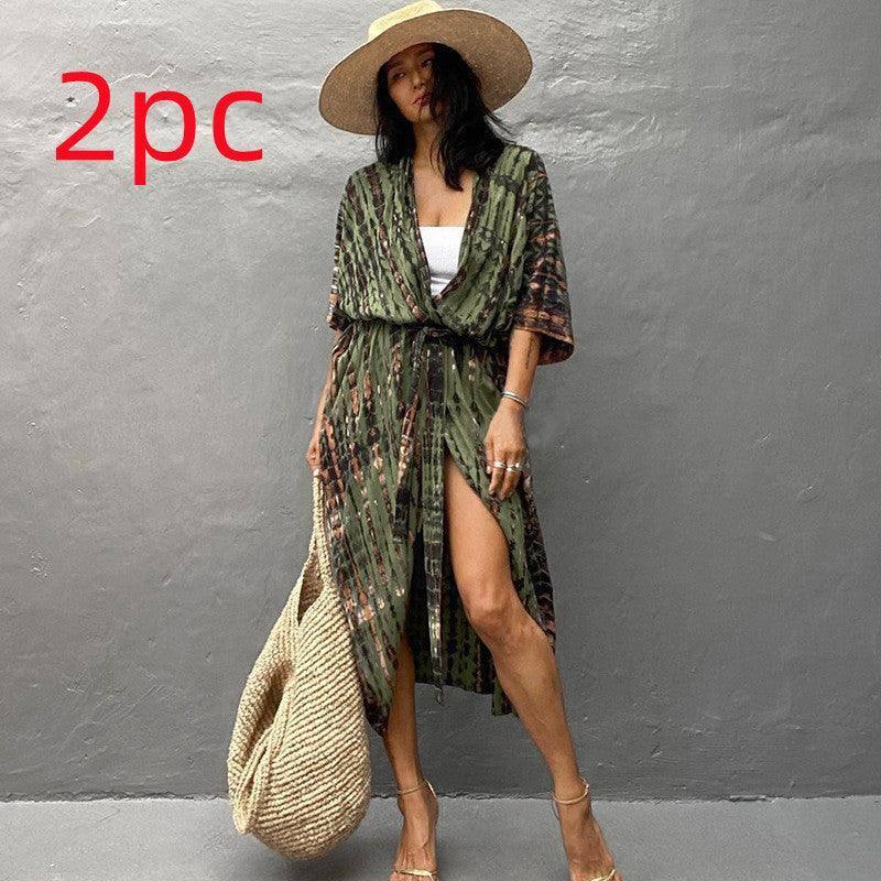 Polyester Ladies Sun Protection Resort Beach Dress Cover Up-ArmyGreen-25