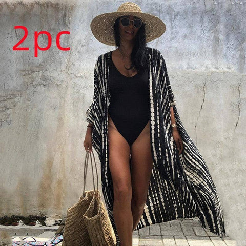 Polyester Ladies Sun Protection Resort Beach Dress Cover Up-Black and white-26