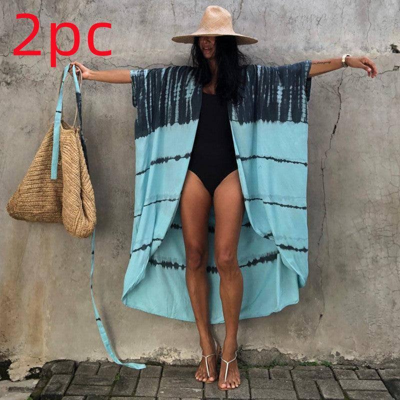Polyester Ladies Sun Protection Resort Beach Dress Cover Up-Blue grey group-29