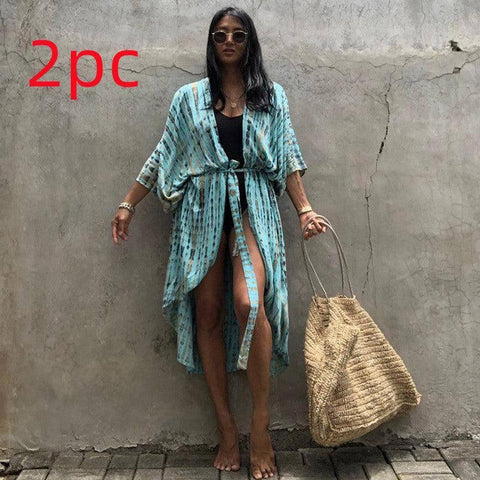 Polyester Ladies Sun Protection Resort Beach Dress Cover Up-Blue yellow-30