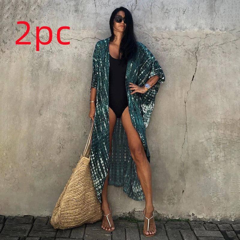 Polyester Ladies Sun Protection Resort Beach Dress Cover Up-Dark green-31