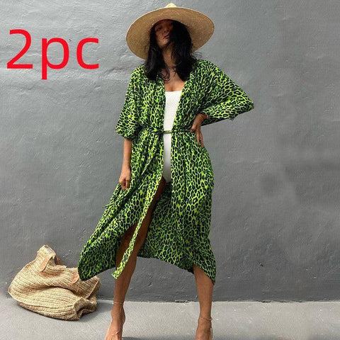 Polyester Ladies Sun Protection Resort Beach Dress Cover Up-Green Leopard Point-33