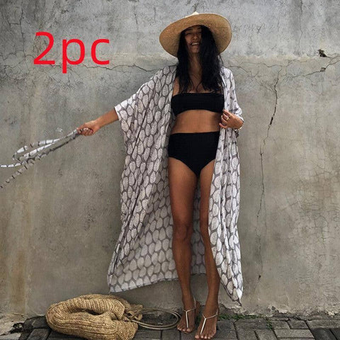 Polyester Ladies Sun Protection Resort Beach Dress Cover Up-Grey leaves-35