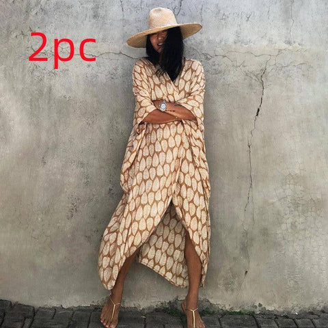Polyester Ladies Sun Protection Resort Beach Dress Cover Up-Turmeric leaves-43