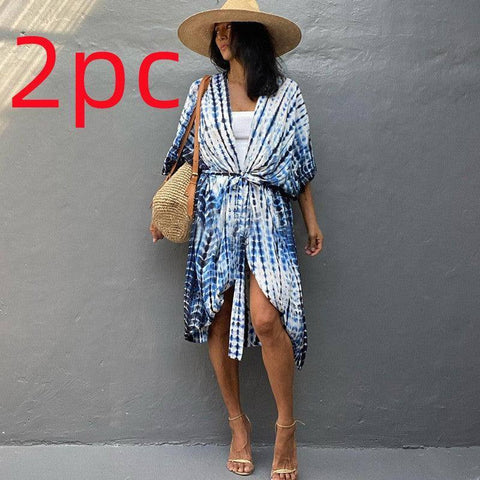 Polyester Ladies Sun Protection Resort Beach Dress Cover Up-White blue-44