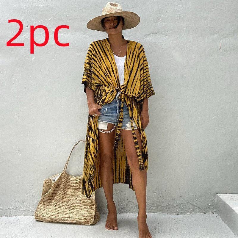 Polyester Ladies Sun Protection Resort Beach Dress Cover Up-Yellow and black-46
