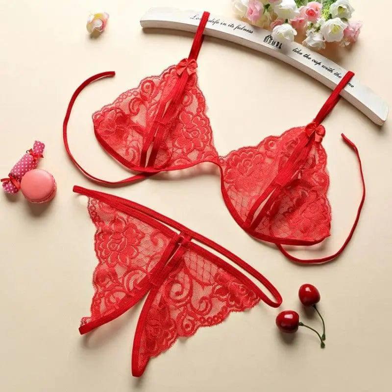 Porn Sexy Women Lace Tulle Lingerie Set-Red-2