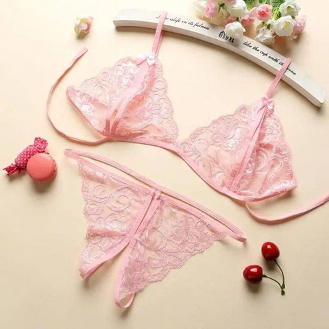 Porn Sexy Women Lace Tulle Lingerie Set-Pink-7