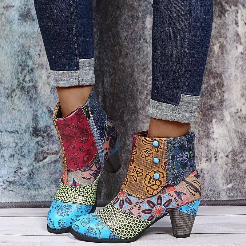 Print Ankle Boots Chunky Mid Heel Boots Women Side Zipper-Yellow-1