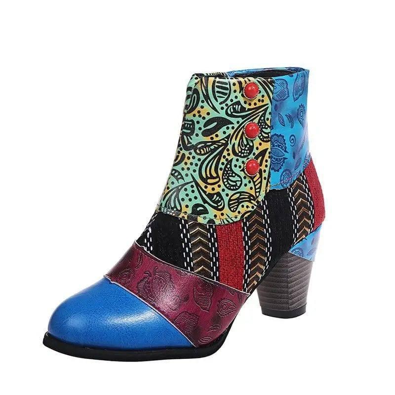 Print Ankle Boots Chunky Mid Heel Boots Women Side Zipper-Blue-9