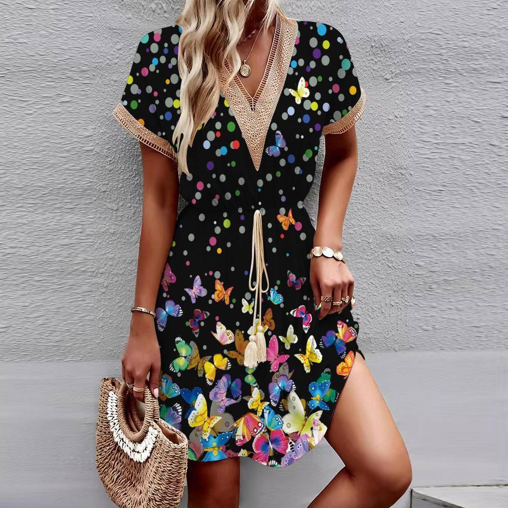 Printed Short Sleeve Lace V-neck Tight Waist Dress-Style 1-6