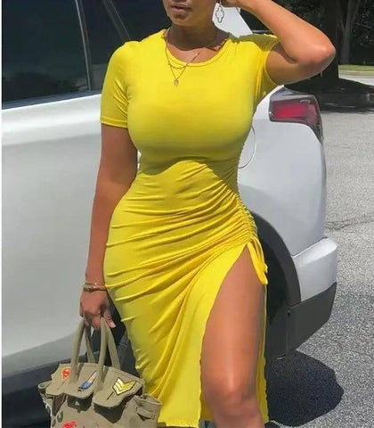 Printed Solid Color Short Sleeve Drawstring Dress-Yellow-3