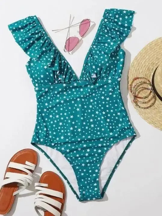 Pure Color Pleated One-piece Swimsuit Fashionable Slim-Darkgreenstar-5