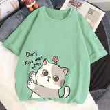 Cute Cat Graphic Casual Cotton Tee-Mint Green-9