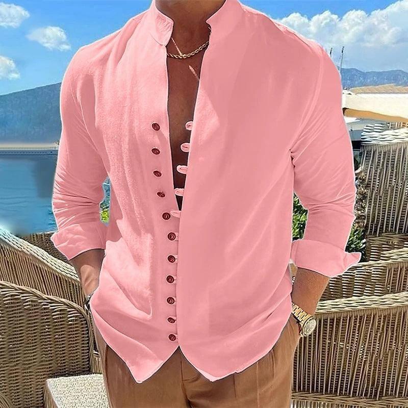 Retro Button Design Long-sleeved Shirt Men's Casual Loose-Pink-3