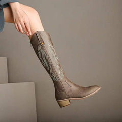 Retro Chunky Heel Embroidery Western Cowboy Boot Women-Brown-3