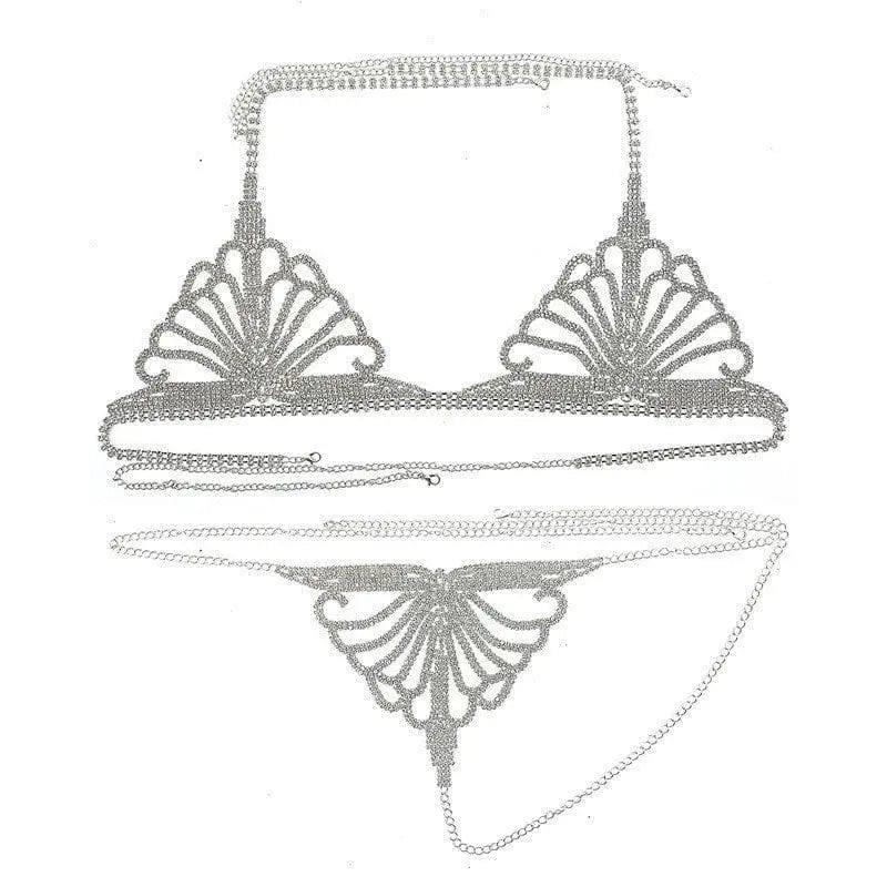 Rhinestone Claw Chain Body Chain Set Sexy Bra Panty Set-Silver-7