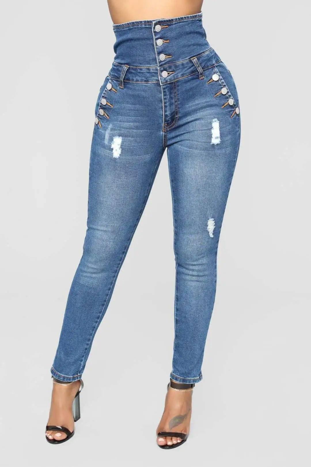 Ripped hole fashion Jeans Women High Waist skinny pencil-Light blue-1