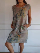 Round Neck Loose Short Sleeves Printed Dress-Camel-6