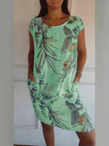Round Neck Loose Short Sleeves Printed Dress Midi Dresses LOVEMI  Green S 