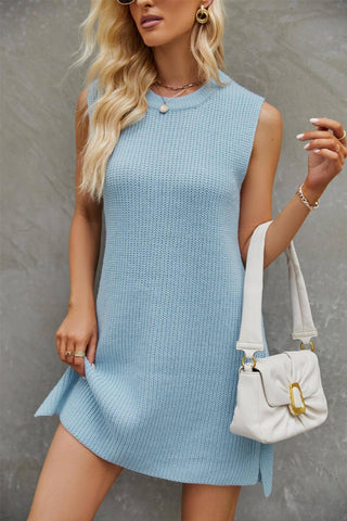 Round Neck Sleeveless Dress Summer Fashion Commuting Solid-Blue-7