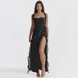 Ruffle Thigh High Split Dress Women Sexy Spaghetti Strap-Black-8