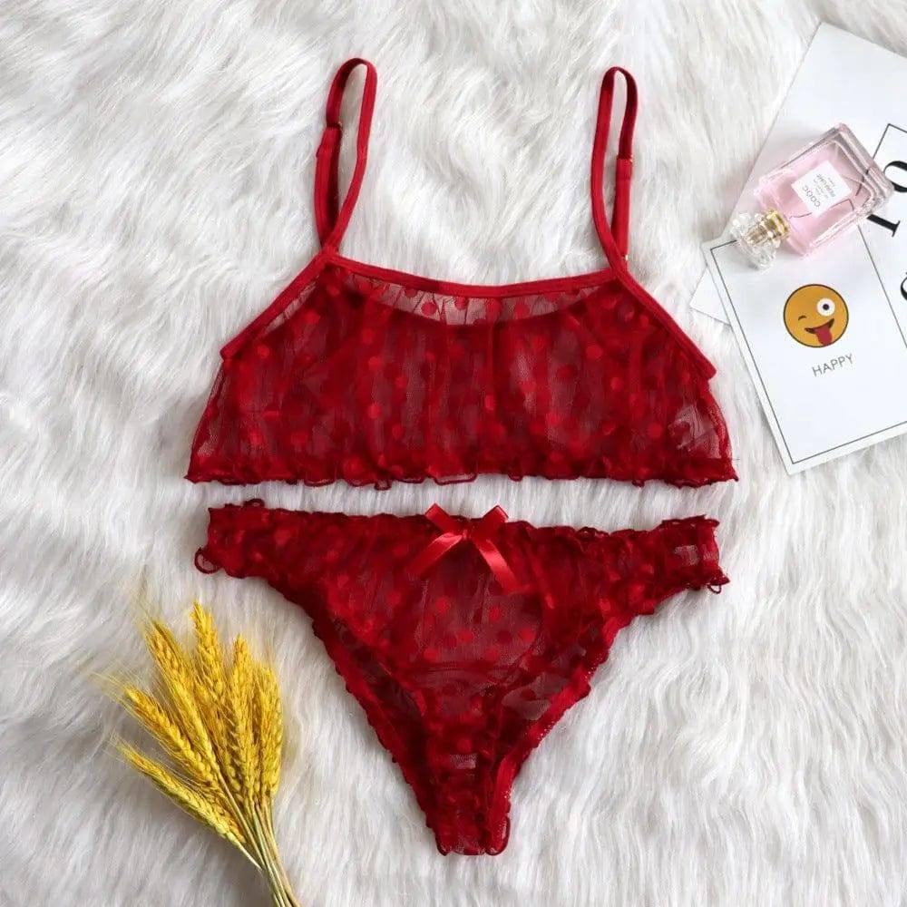 Ruffled transparent polka dot dew sexy lingerie-Wine Red-3