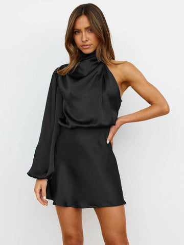 Satin Long Sleeve One-shoulder Elegant Dress-GQTY040 Black-8