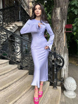 Satin Slim Maxi Dress - Elegant Long Sleeve Autumn Wear Maxi Dresses LOVEMI  Purple L 