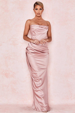 Satin Tube Top Split Knee-length Dress-Pink-6
