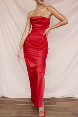 Satin Tube Top Split Knee-length Dress Maxi Dresses LOVEMI  Red S 