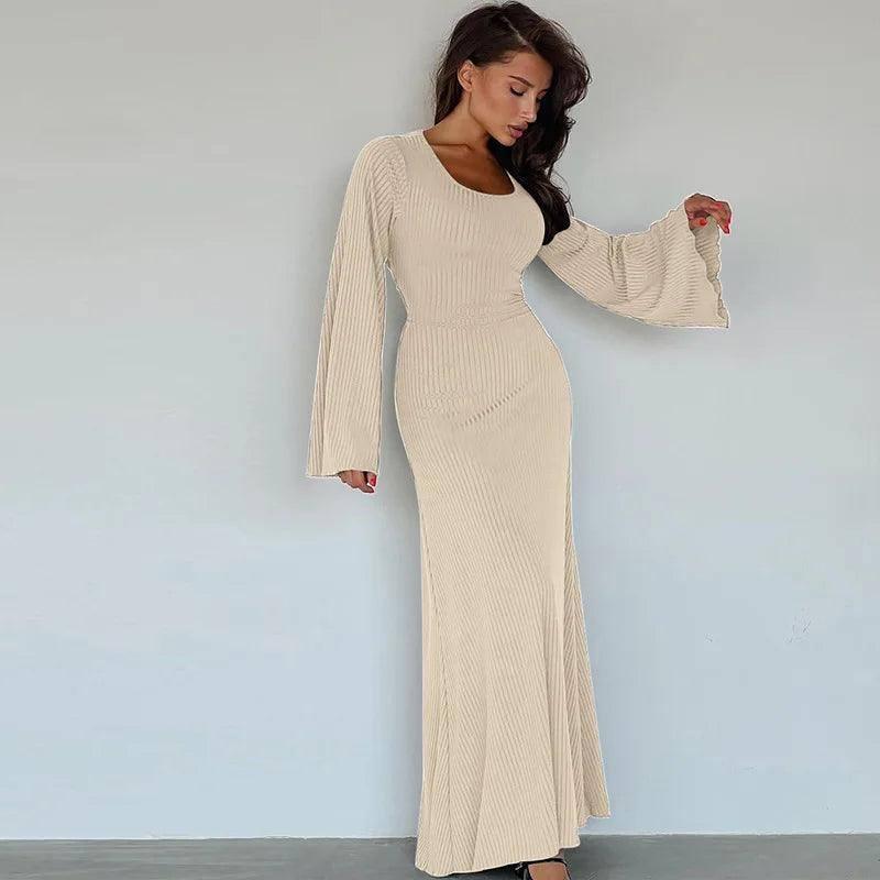 Scoop Neck Ribbed Maxi Dress - Lace-Up Long Sleeve-11