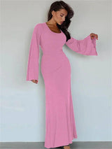 Scoop Neck Ribbed Maxi Dress - Lace-Up Long Sleeve Maxi Dresses LOVEMI    