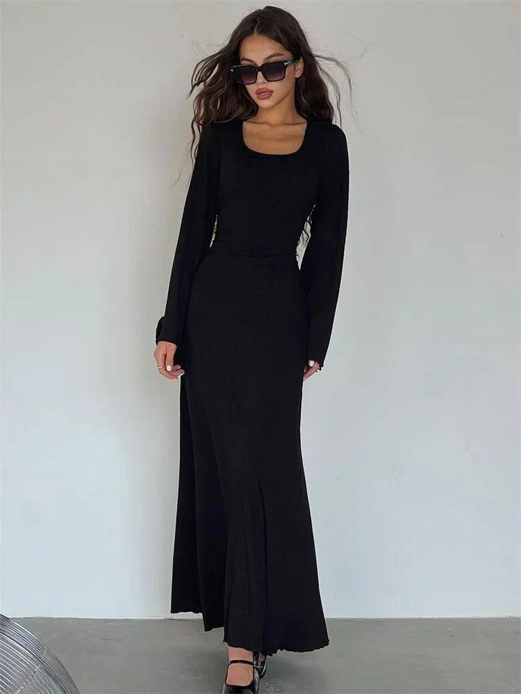 Scoop Neck Ribbed Maxi Dress - Lace-Up Long Sleeve-Black-4