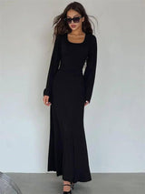 Scoop Neck Ribbed Maxi Dress - Lace-Up Long Sleeve Maxi Dresses LOVEMI  Black S 