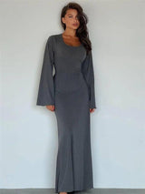 Scoop Neck Ribbed Maxi Dress - Lace-Up Long Sleeve Maxi Dresses LOVEMI  GRAY S 